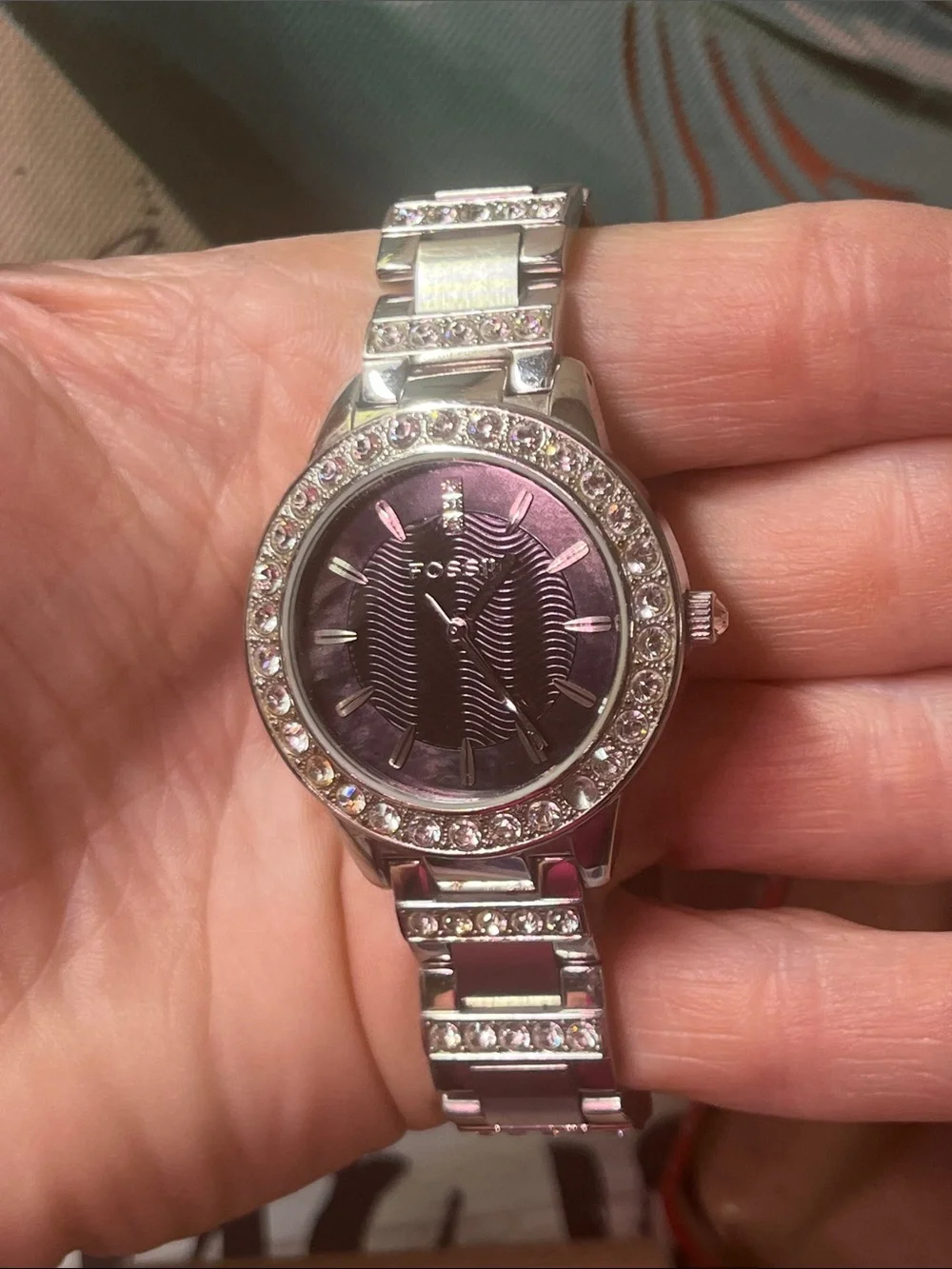 Fossil Silver Watch with Black Dial and Crystal Accents